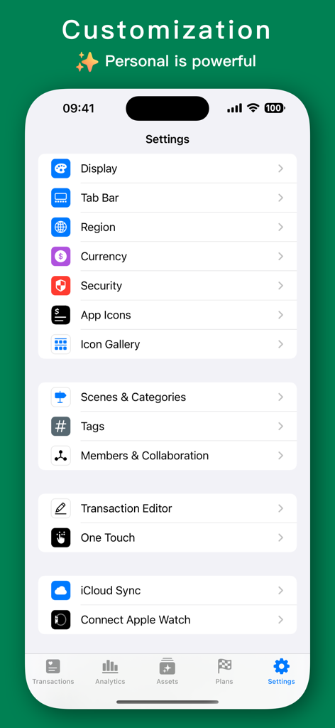 MoneyThings - Finance Tracker - MoneyThings app settings screen showing customization options for finance tracking