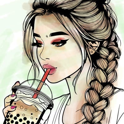 realistic girl drinking boba tea with braided hair