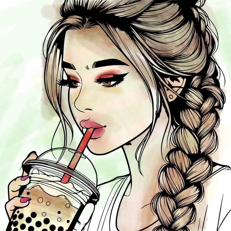 realistic girl drinking boba tea with braided hair