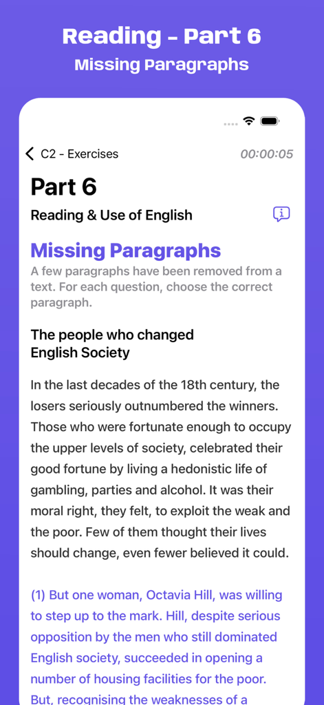 Schermata dell'app Simulatore d'Esame Cambridge C2 per l'esercizio di Reading and Use of English Part 6 sui paragrafi mancanti.