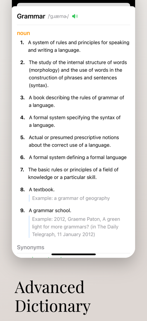 TalkLingo-Shadowing in English - Una captura de pantalla de la aplicación TalkLingo que muestra una entrada de diccionario de inglés avanzado para la palabra 'grammar' con transcripción fonética y definiciones
