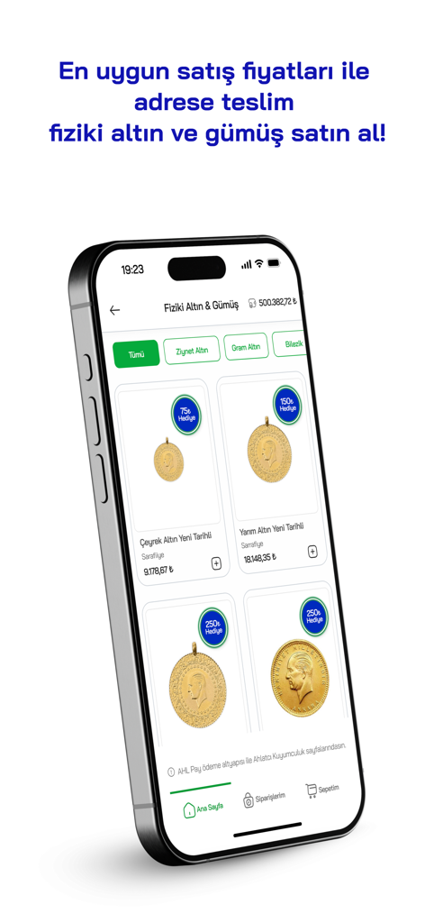 AHL Pay - AHL Pay mobile app screen showing physical gold coins available for purchase and home delivery