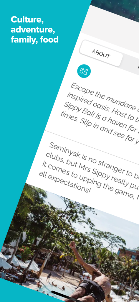 Bali App - Official Bali App interface showing curated travel recommendations for culture and beach clubs