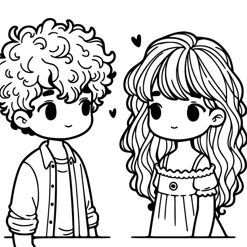 curly haired boy looking at a girl with bangs