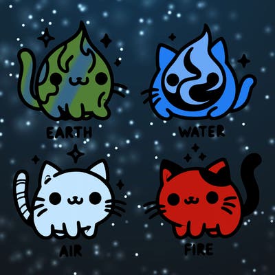 4 cats that represent the different elements, earth, water, air, and fire