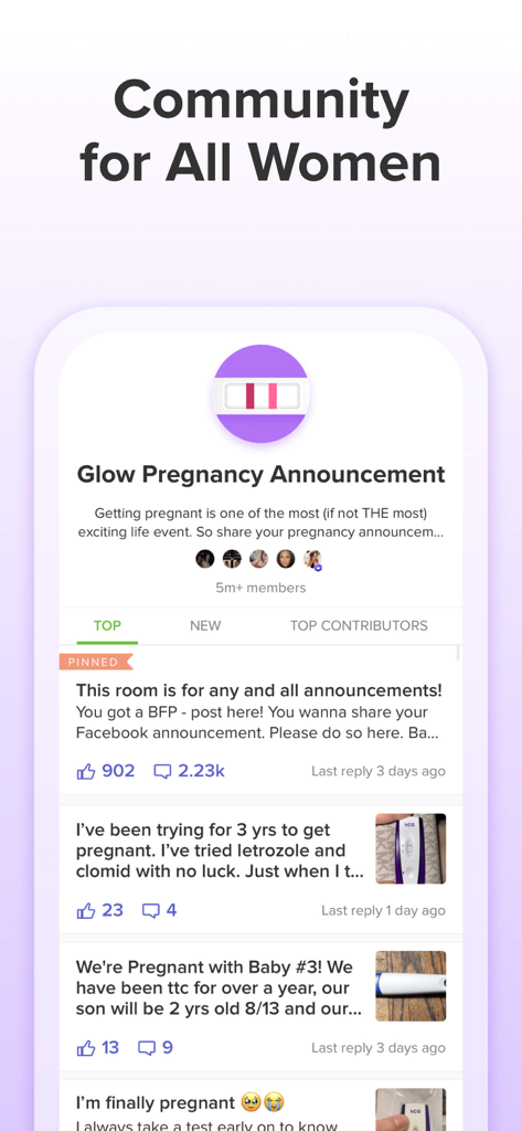 Glow Ovulation & Period App - Glow app community screen showing pregnancy announcement posts and user interactions