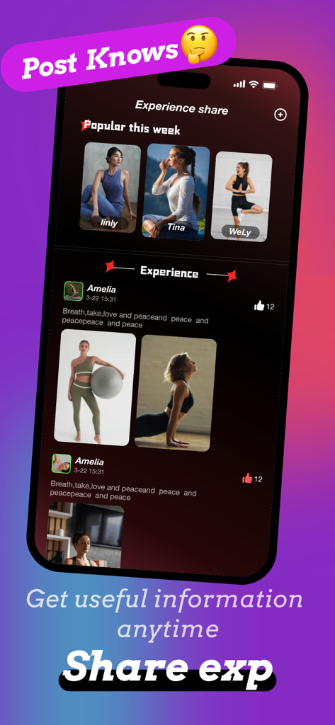 A community feed in the Yokoo yoga app showing users sharing their fitness progress and yoga poses.