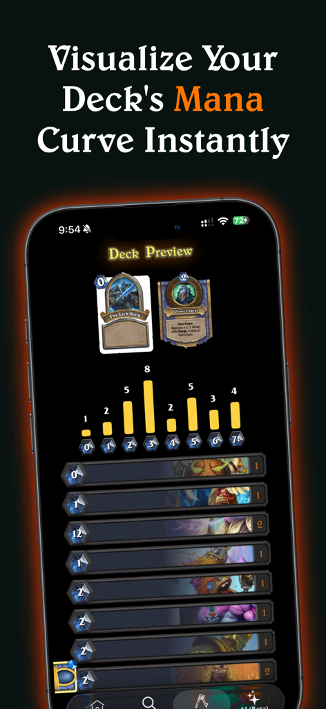 FindStone - HS Card Companion - FindStone app interface showing a visual mana curve chart for a Hearthstone deck preview