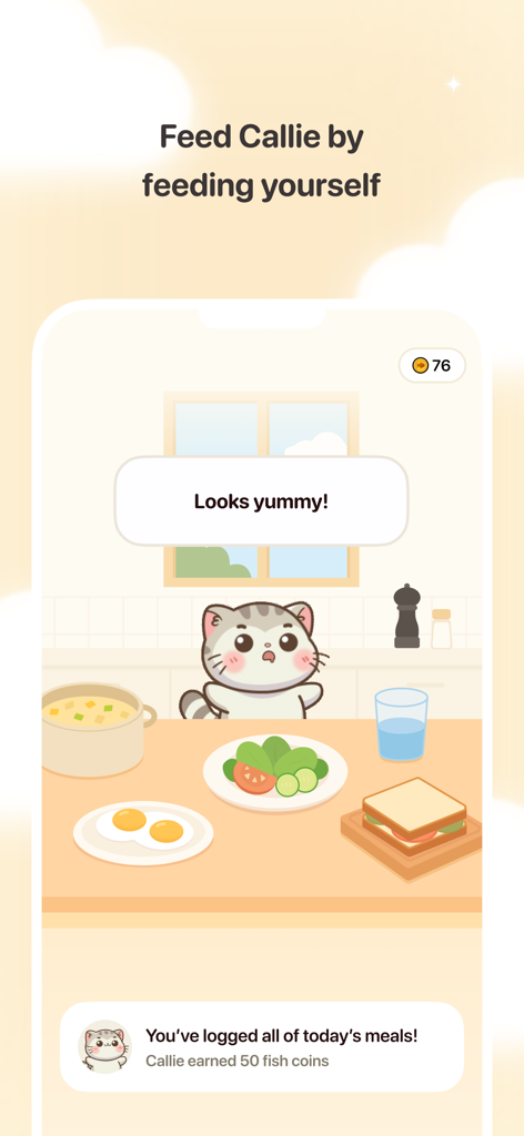 Interface of Callie app showing a cute cat character at a dinner table for meal logging