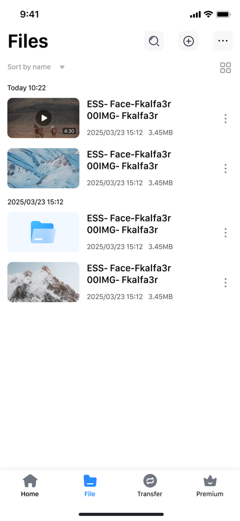Mobile interface of the Todisk app showing a list of stored files and folders including videos and images.