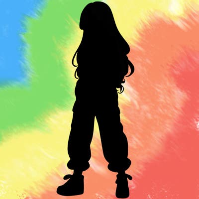 girl in baggy pants crop top and long hair