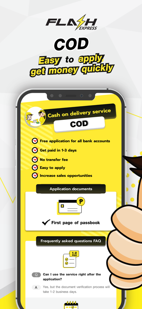 Flash Express PH app screenshot showing Cash on Delivery COD service features and application requirements