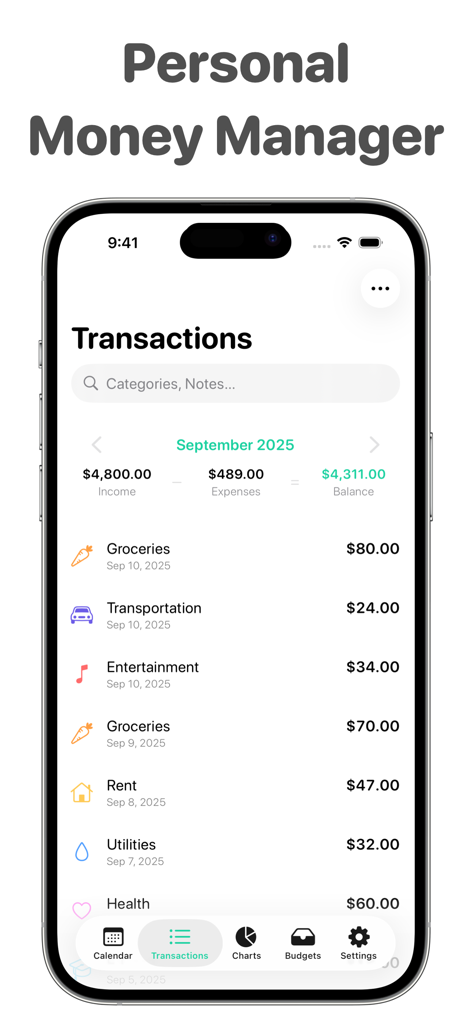 Budget Calendar: Simple Money - Transaction history screen showing monthly income expenses and daily spending list