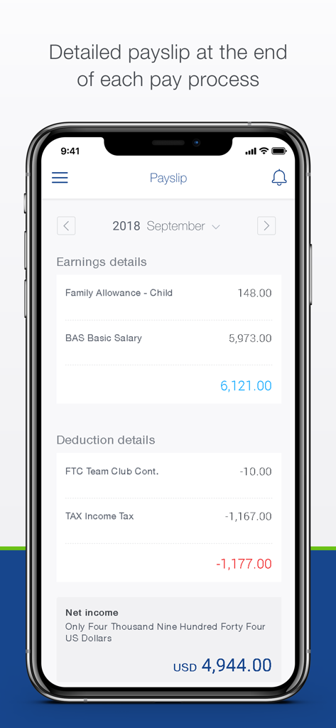 People365 - Mobile app screen displaying a detailed digital payslip with earnings deductions and net income