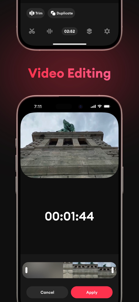 캠코드 앱의 비디오 편집 및 트리밍 도구를 보여주는 모바일 화면