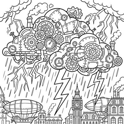 Experience a powerful, rumbling storm reimagined with a fascinating steampunk aesthetic in this intricate coloring page. Dive into a world of gears, brass plating, and retro-futuristic gadgets as you bring this mechanical marvel to life.
