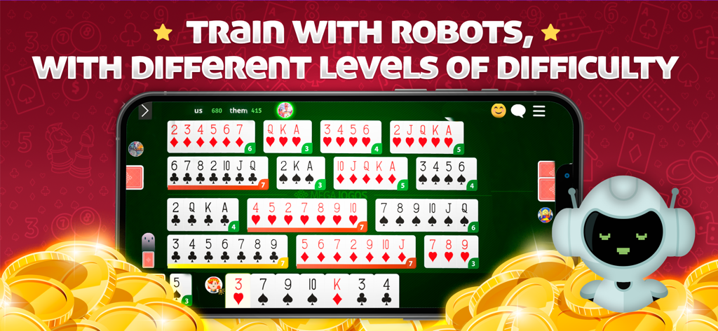 Buraco MegaJogos: Cartas - Mobile interface of Buraco MegaJogos card game showing training mode against robots with multiple card melds on a smartphone screen