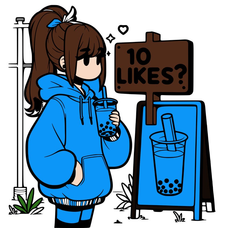 girl with oversized hoodie drinking boba and she has a high ponytail with a sign that says 10likes?