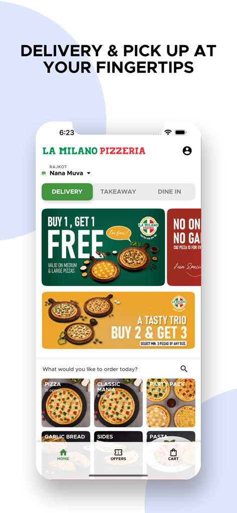 La Milano Pizzeria Mobile App Benutzeroberfläche zeigt Pizzaschnäppchen und Lieferkategorien