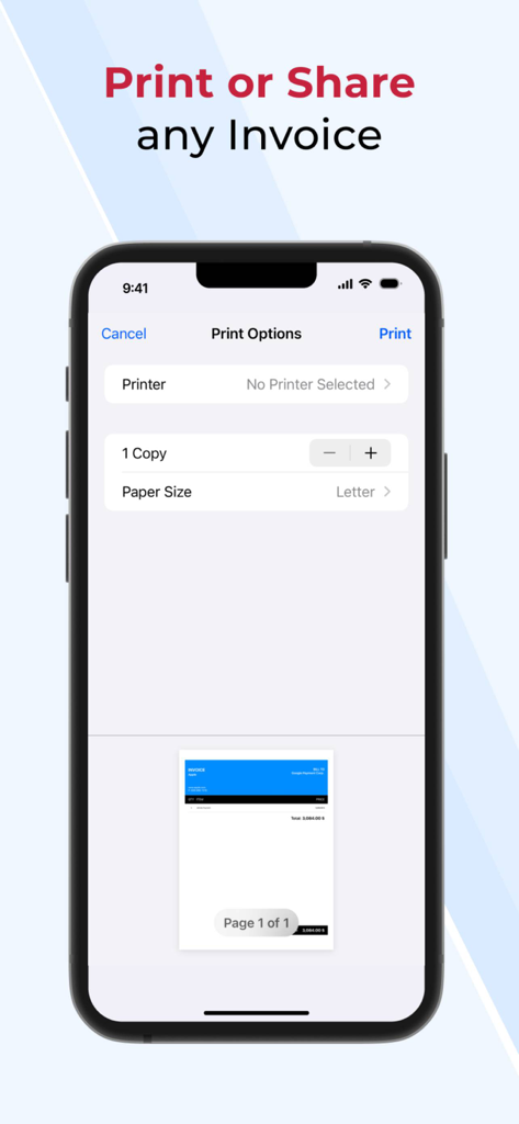 quickbooks self employed - Un écran d'iPhone affichant les options d'impression et de partage d'une facture numérique dans l'application de facturation pour entrepreneurs.