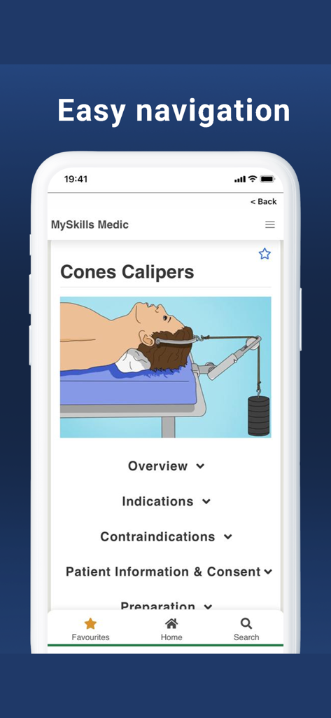 Interfaz de MySkills Medic App que muestra una guía de procedimiento médico para Cones Calipers con un diagrama ilustrativo y secciones de menú expandibles.