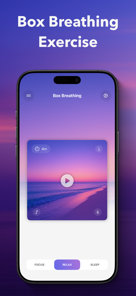 Box Breathing - Breathe Even - iPhone-Bildschirm zeigt die Box Breathing App-Oberfläche im Relax-Modus mit einem Sonnenuntergangs-Hintergrund und einer Play-Schaltfläche.