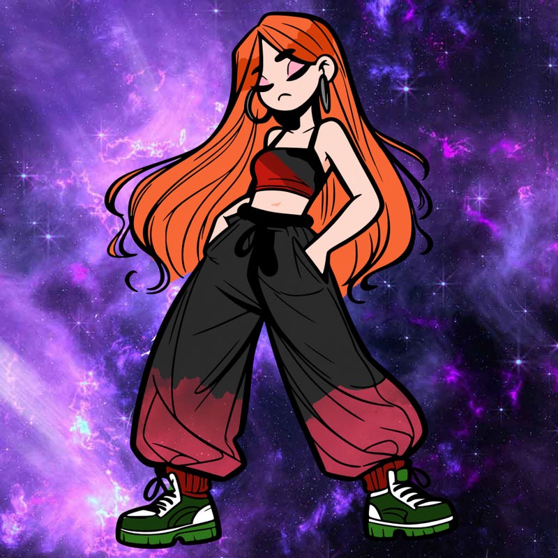 girl in baggy pants crop top and long hair