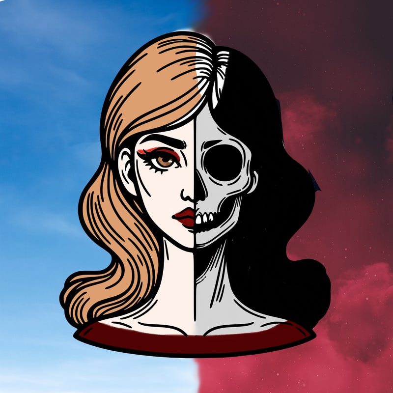 bust of a woman, half face and hair, half skull