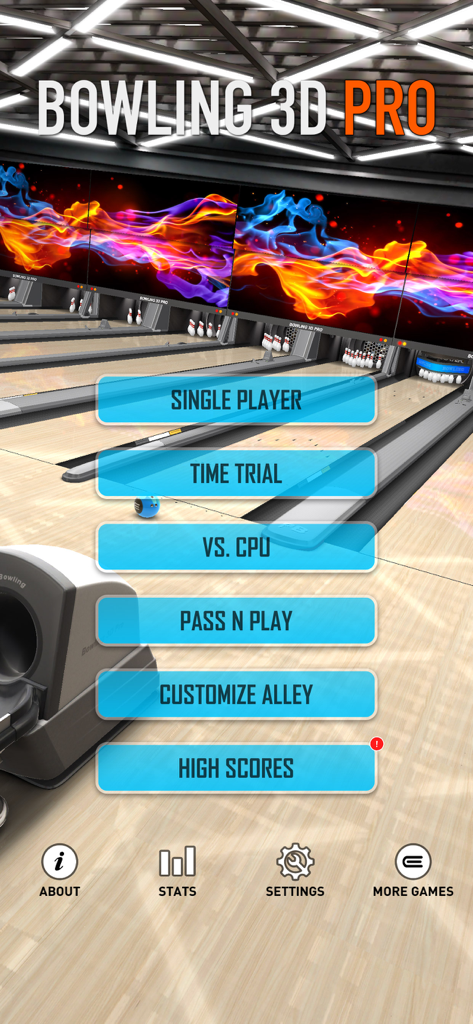 Bowling 3D Pro main menu showing various game modes like single player and pass n play