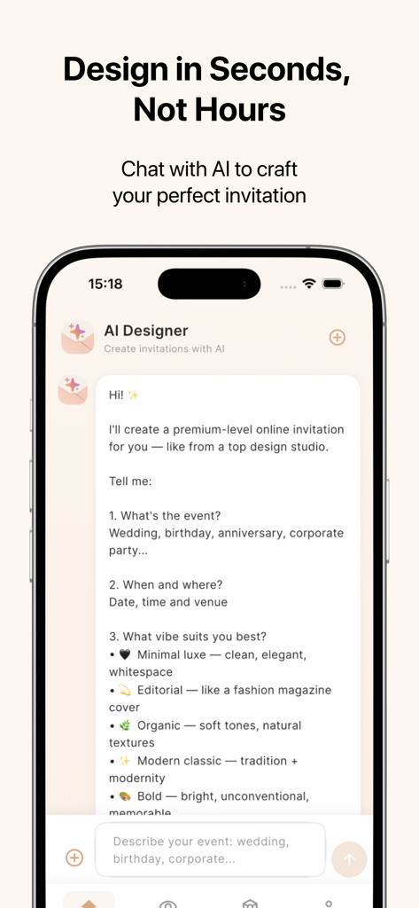 Invites — AI Invitation Maker - Mobile app interface showing a conversation with an AI designer to create custom invitations by describing event details and style preferences.