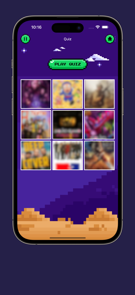 MovieBox - Quiz Your Cine - Die Quiz-Oberfläche der MovieBox-App, die Filmposter und eine Play-Schaltfläche im Pixel-Art-Stil zeigt