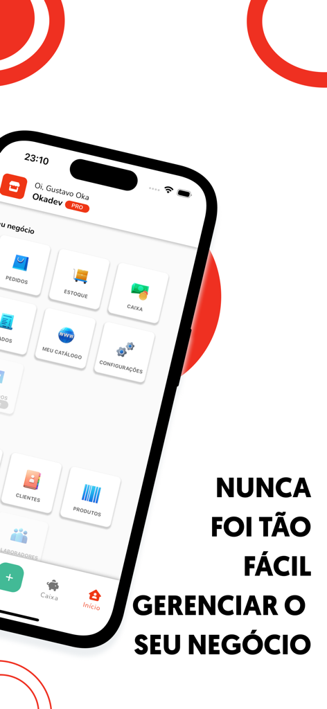Controle de estoque - Kontro - Ein Smartphone, das den Startbildschirm der Kontro-App mit Symbolen für Lagerbestand, Verkäufe und einen virtuellen Katalog anzeigt.