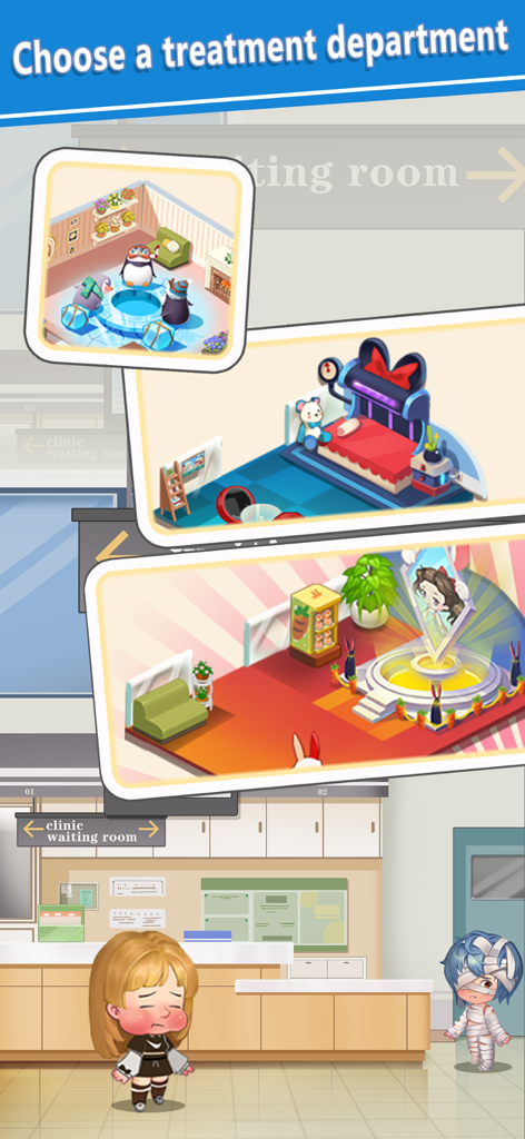 Selection of various themed treatment departments in the Hospital Tycoon game.