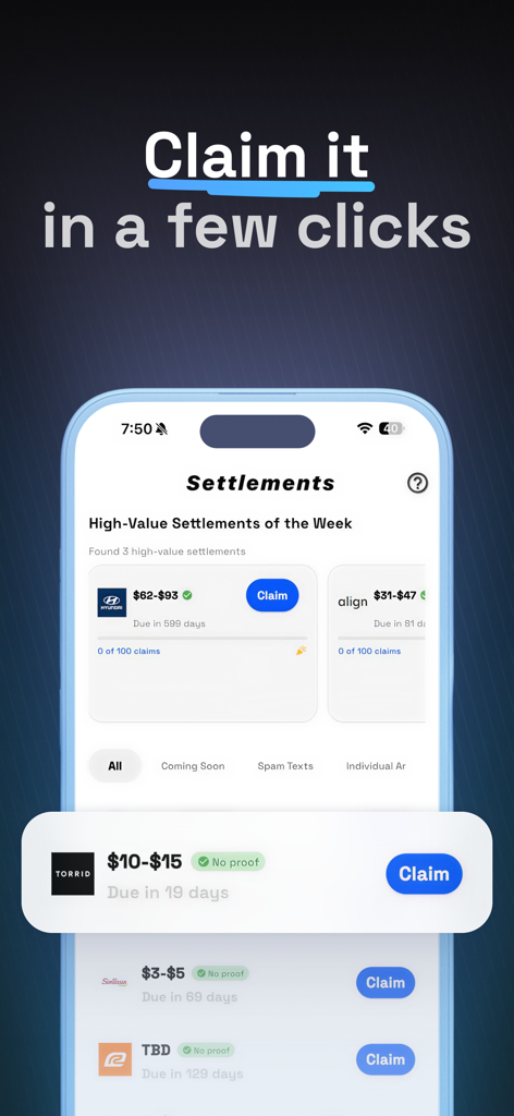Claim: Class Actions - Smartphone screen showing the claimHood app interface with available class action settlements from major brands