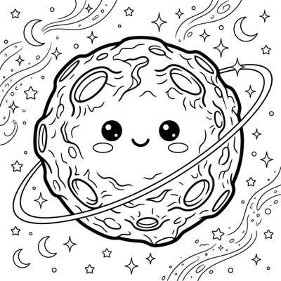 Embark on a cosmic coloring journey with this charming Kawaii Pallas Asteroid. Featuring thick outlines and a delightful expression, this page offers a unique blend of science and cuteness ready for your creative touch.