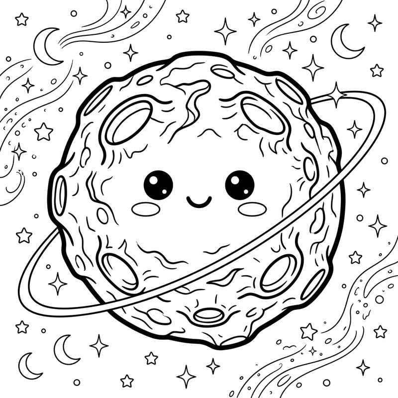 Embark on a cosmic coloring journey with this charming Kawaii Pallas Asteroid. Featuring thick outlines and a delightful expression, this page offers a unique blend of science and cuteness ready for your creative touch.