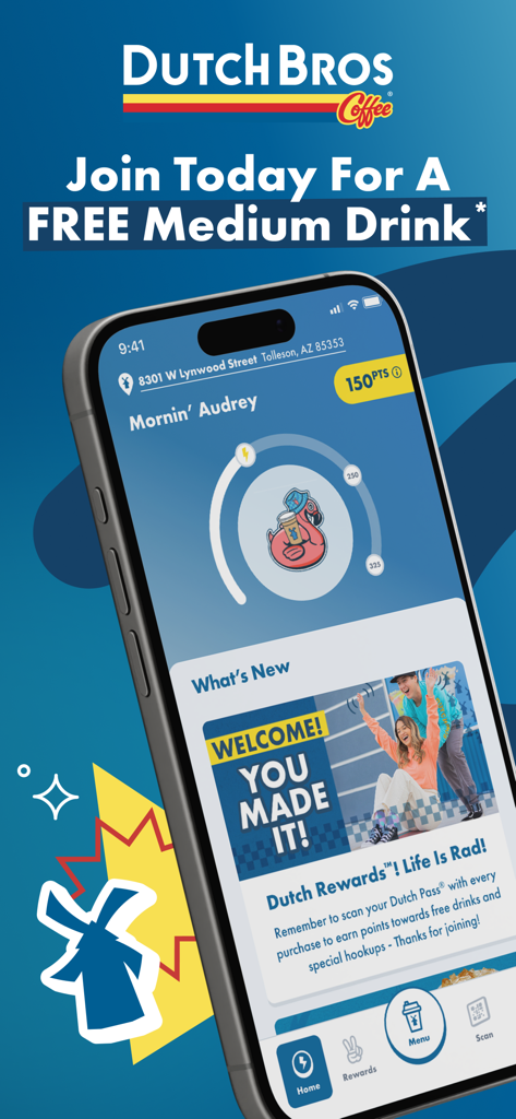 Startbildschirm der Dutch Bros Mobile App mit Treuepunkten und einem Angebot für ein kostenloses mittelgroßes Getränk