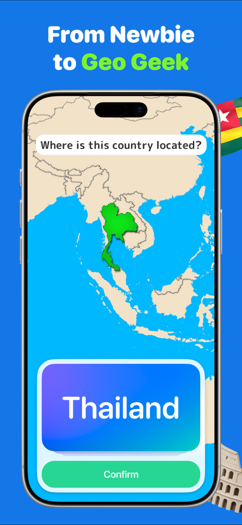 Geography Quiz: GeoGeek - Geography Quiz GeoGeek app interface showing a map identifying the location of Thailand