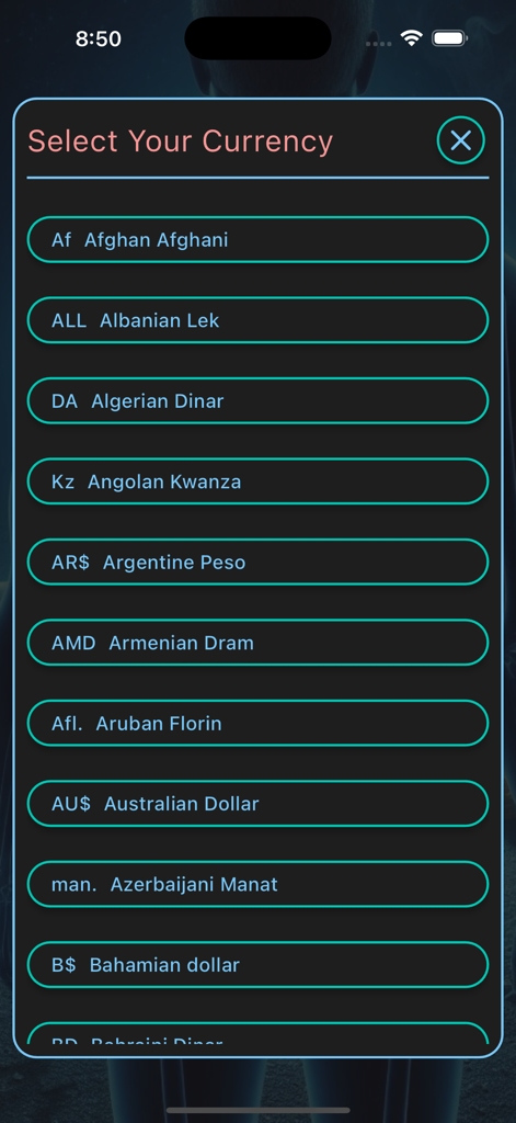 Currency selection screen showing global options in the Quit Smoking Progress app