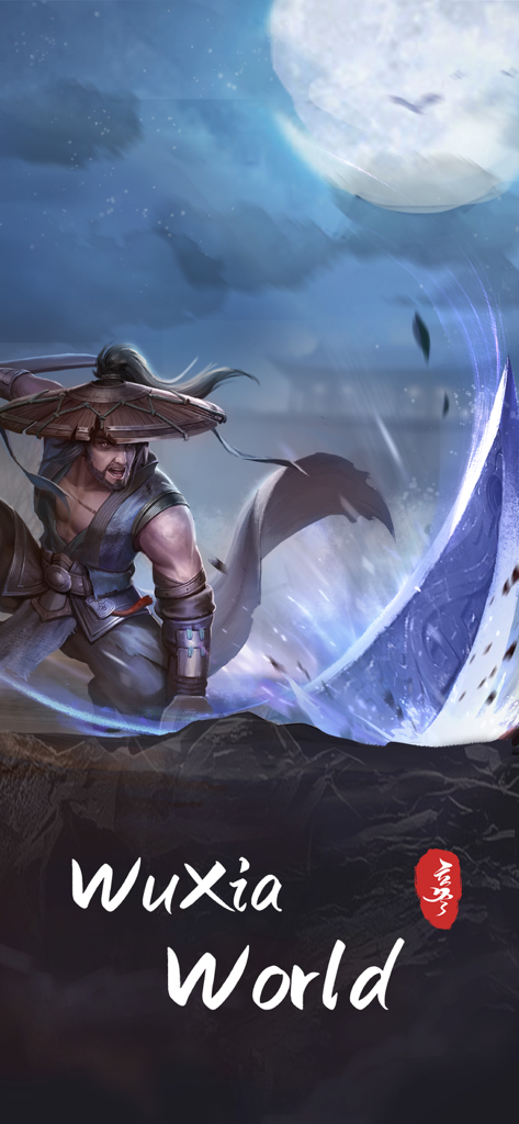 WuXia World - A martial arts warrior in a conical hat performing a blue energy sword slash under a large moon.