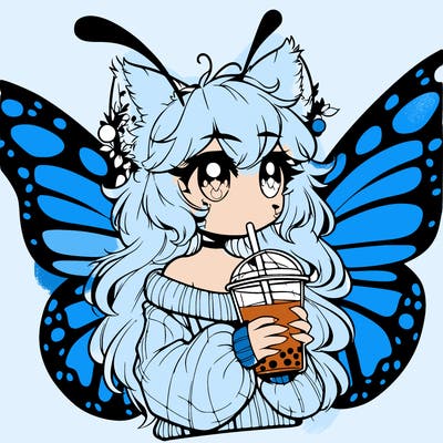 a realistic butterfly/furry girl drinking boba