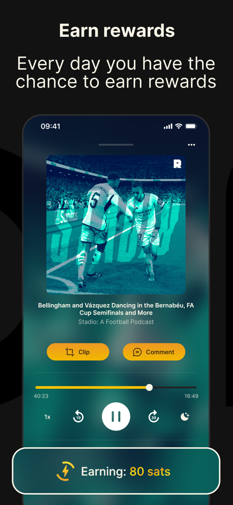 Fountain podcast player app screen showing the earn rewards feature with a listener earning 80 sats