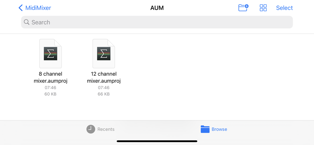 MidiMixer for AUM Auv3 Plugin - 8チャンネルおよび12チャンネルAUMミキサー用のセッションテンプレートを表示するMidiMixer内のファイルブラウザ。