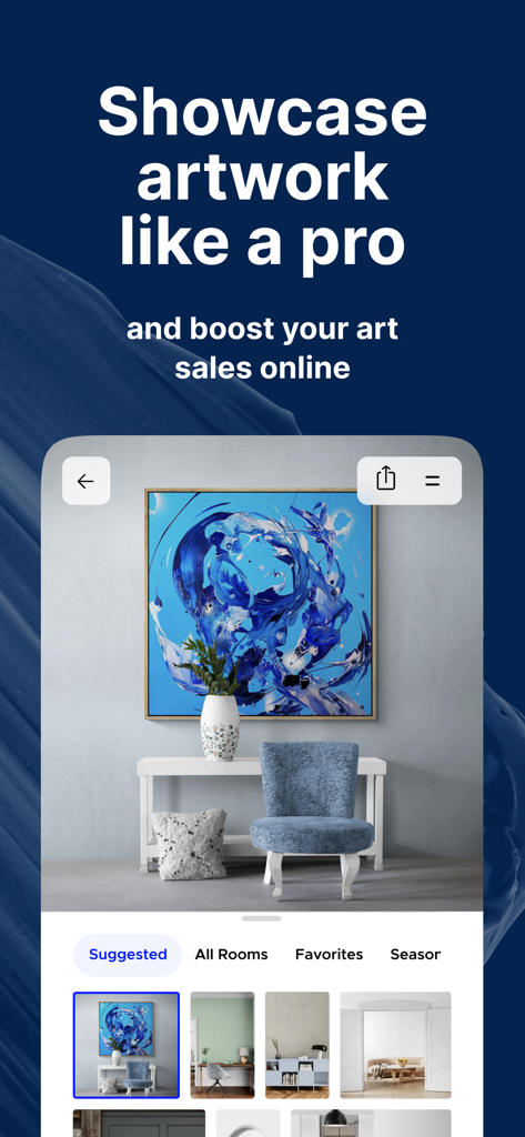 Interface de l'application Canvy montrant une peinture abstraite bleue dans une maquette de salon réaliste pour présenter l'art de manière professionnelle.
