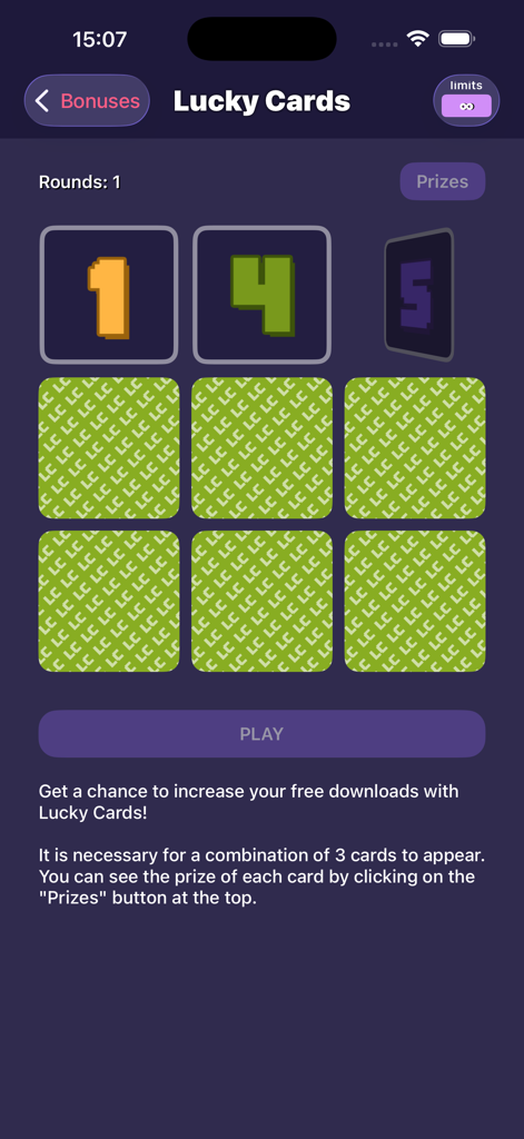 Ragdoll Mods 앱에서 추가 모드 다운로드를 받기 위한 행운 카드 미니 게임 화면