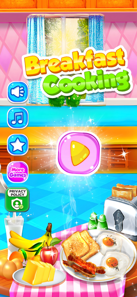 Menú principal del Juego de Cocina de Desayuno con un gran botón de reproducción y una mesa puesta con huevos, tocino, tostadas y fruta.