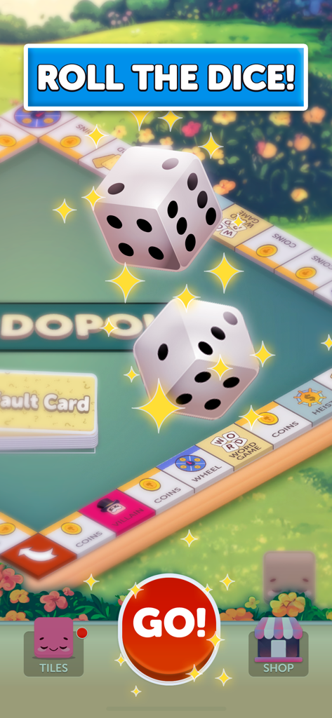 Wordopoly board game screen with dice rolling and a Go button