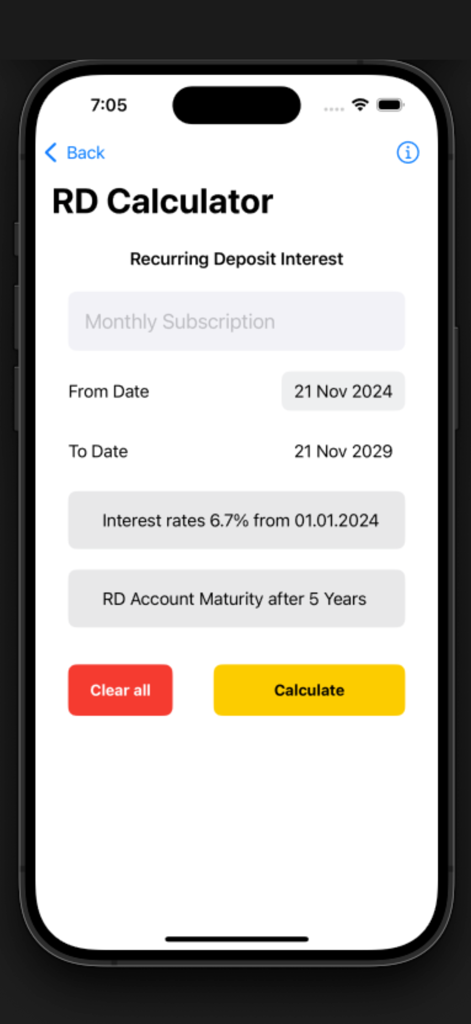 PO Interest Calculator - RD interest calculator screen for Indian Post Office savings schemes