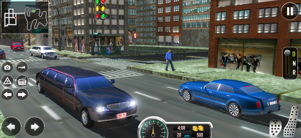 Limo Driving simulator 2025 - A black limousine driving through a city street with game controls and a speedometer displayed on screen