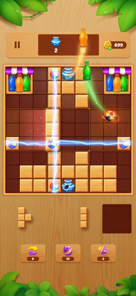 Block Crush: Wood Block Puzzle - Gameplay screen of Block Crush Wood Block Puzzle featuring wooden blocks and special effects